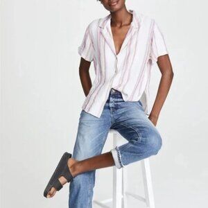 Rails Linen Blend Shirt M Crop Gold Trimmed Striped Gauzy Coastal Fairy Pastel